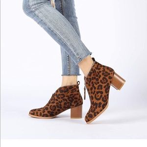 Ankle Heel Suede Booties Shoes Leopard with Zipper